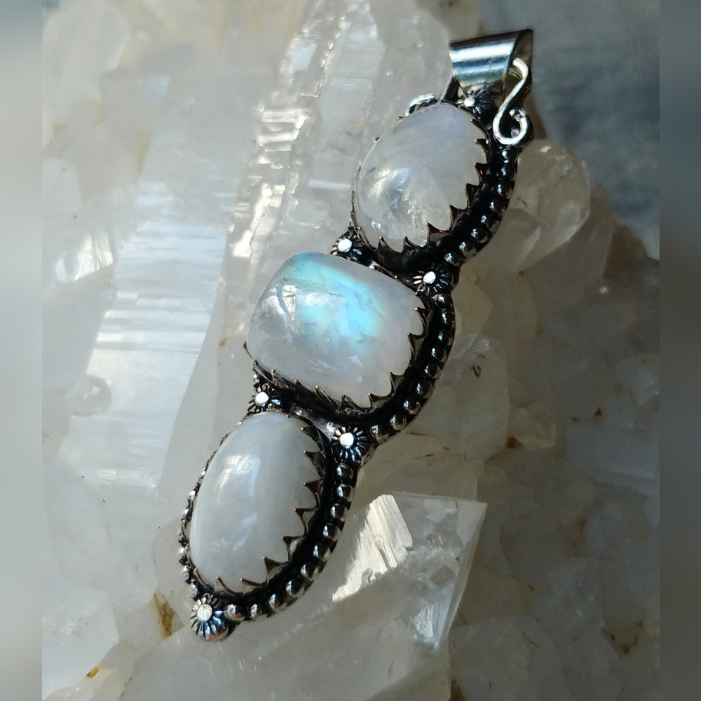 NWOT Natural Rainbow Moonstone Statement Pendant .925 Sterling Silver Overlay